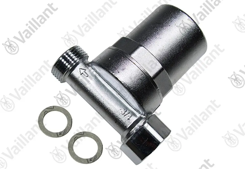 Vaillant Wasserschlagdämpfer aus Metall mit Gewindeanschluss und zwei Dichtungen. Zeigt Pfeil zur Flussrichtung.